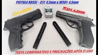 PISTOLA ROSSI C11 4,5mm & W301 4,5mm  -  TESTE COMPARATIVO E PRECAU&Ccedil;&Otilde;ES AP&Oacute;S O USO