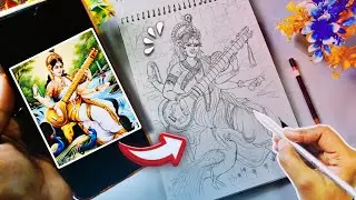 📍How To Draw🌸Saraswati Devi Drawing,Easy tutorial Ma Saraswati drawing, #saraswati 