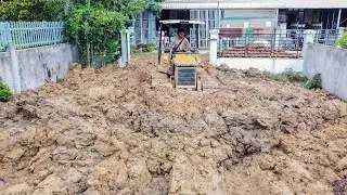 Massive Dump Trucks Dumping Sticky Soil With MITSUBISHI D20P Dozer Hard Pushing Mud Filling Project.