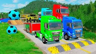 Triple Flatbed Trailer McQueen Transportation with Truck - Speedbumps vs Cars vs Train - BeamNG 0121