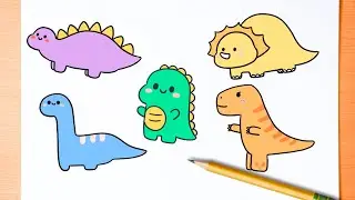 How to Draw Cute Dinosaurs - Easy Beginner Tutorial (Step by Step)