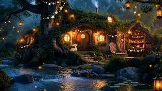 Christmas Cozy Hobbit Treehouse by the River 🎄🌿| River Sounds, Relaxing Fantasy Ambience