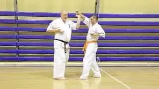 Сэнсей Морозов объясняет шотэй дзёдан укэ. Sensei Morozov explains shotey jodan uke.