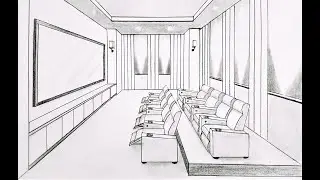 How to draw a room in one point perspective, home theatre