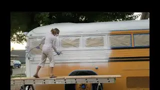 Nervous Amateur Primes School Bus! | From Yellow to White in 3 hours! | Spraying on Pro Cryl Primer