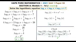 CXC/CAPE Pure Maths (U1+P2) ~ Logarithmic Equation w/ Base as Powers of 2 ~ 2021-1d
