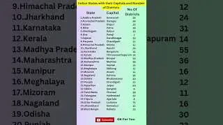 Indian States with their Capitals and Number of Districts 2024 #shorts #ytshorts #viral #gk