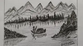 how can I draw a village scene, trees, mountains, boat in water #drawlandscape #sheroart #village