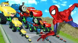 Big & Small Lightning Mcqueen Monster Wheels vs Trains Thomas vs Spider Man | BeamNG.Drive