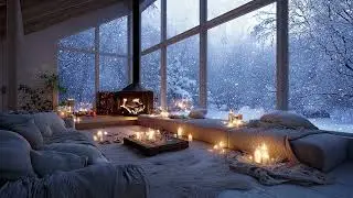 Cozy Winter Living Room with Fireplace, Candlelight & Snowy Landscape for Ultimate Relaxation