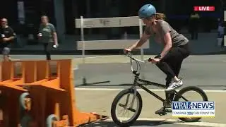 Elizabeth Gardner tries out the Hopscotch pop-up skate park