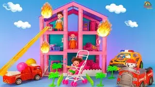 🔥 Ohh NO !  Toy Barbie Doll House on Fire! Firefighters Puppy & Police Rescue Mission 🚒👮&zwj;♀️
