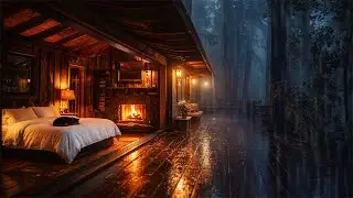 Heavy Rain on Wood Deck at Cozy Cabin 🌧️🌲🔥| Fall Asleep Instantly | Eliminate Anxiety & Overthinking