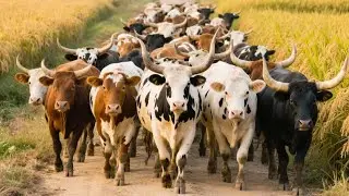 Beautiful cows grazing on ripe rice fields - Buffalo and cow mooing - Buffalo and cow video