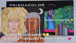 SUN AND MOON DRAWING! UNBOXING PRISMACOLOR PREMIERE 150 SET! CHILL MUSIC ⋆.ೃ࿔*:･