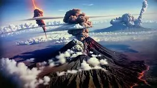 Free Stock Videos - a huge volcanic eruption with clouds of dust up in the sky, aerial view, distant