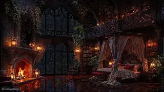 Warm Fireplace, Rain & Thunderstorm - Relaxing Ambience This Castle Room