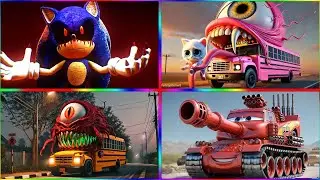 Sonic ExE🆚School Bus Monster 🆚School Bus Monster 🆚McQueen Tank 🎶 Tiles Hop