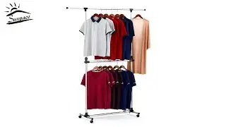 SUNPACE Double Rods Stainless Steel Adjustable Rolling Garment Rack, Extendable Clothes Hanging Rack
