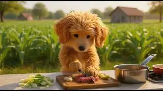 a golden-orange fluffy puppy with human-like cooking poses.