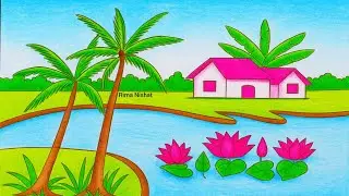 Village Scenery Drawing with River and Lotus Flowers | Easy Drawing