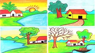 Easy landscape drawing for kids and beginners|Learn house and nature simple painting