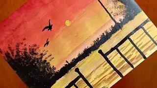 Easy Drawing / A Beautiful Lamppost Sunset Scene/ Drawing With Acrylic