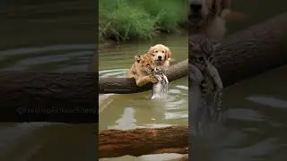 🦁🐱🐶 Lion Cub Saves Kitten from Water&mdash;Retriever Smiles in Relief #Lion #Kitten #Puppy #Heartwarming