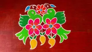 Simple New Ugadi Parrot rangoli design🦜With dots 5*3 🌺Simple Parrot rangoli design 🌺