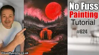 Anyone Can Paint This ! Blood moon | cascade Scarlett mist Oil Painting 624 
