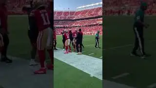 Sanu give Trey Lance his first TD pass ball.