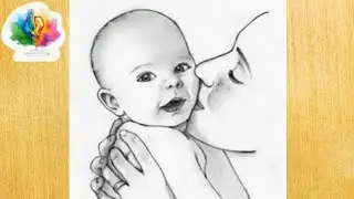How to draw mother and son/easy drawing of mother kissing son.....