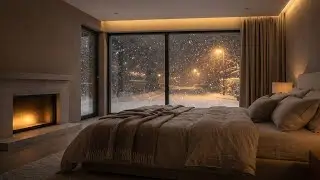 Cozy Winter Bedroom Ambience ❄️ Warm Fireplace & Snowfall | Relaxing Jazz Background Music