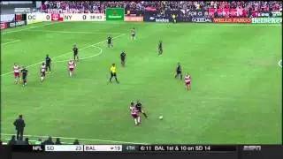 FAN JUMPS ON FIELD AT NY RED BULLS VS DC UNITED MLS PLAYOFF GAME.
