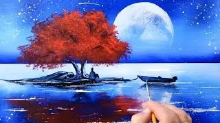 Magical Moonlight 🌙 Red Tree & Ocean Scenery Painting || Step-by-Step for Beginners 🖌️
