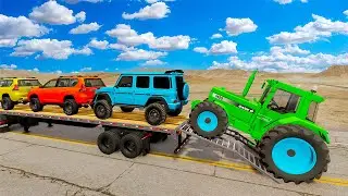TRANSPORTING PIXAR CARS & FRUITS WITH COLORED & JOHN DEERE vs CLAAS vs TRACTORS - BeamNG.drive #983