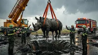 Rescue Team Saves a Rhino Calf Sinking in a Hidden Mud Sinkhole