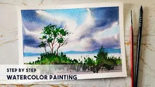 How to paint a Watercolor Landscape (Tree & Cloud Watercolor Tutorial)