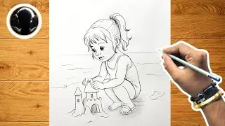How To Draw A Little Girl Playing Sand on Beach | Easy drawing | girl drawing 