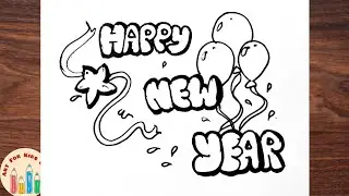 How to draw happy new year for kids | Very easy and simple drawing techniques | Bubble art 