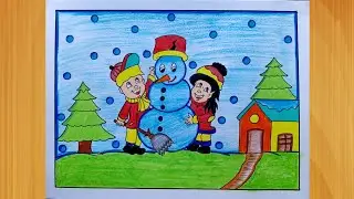 Winter Snowman Drawing | Kids aur Snowman Easy & Colorful Christmas Winter Scenery Drawing Tutorial