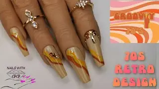 70s retro hippee nails | easy gel polish linework nail art design with crystal placement | Collab