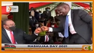 President Kenyatta, DP Ruto enjoy light moments during MashujaaDay celebrations in Kirinyaga