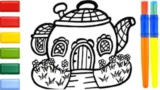Teapot House Drawing and Coloring for kids 💖💖💖 Teapot drawing 💖💖💖 House drawing 💖💖💖