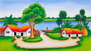 How to Draw Riverside Village Scenery | Easy Nature Landscape Drawing for Beginners