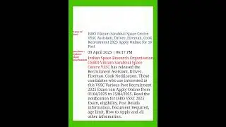 ISRO Vikram Sarabhai Space Center VSSC Assistant Driver Fireman Cook Recruitment 2025 Apply Online