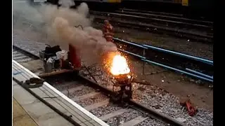 Thermit\Thermite railway track welding at Ipswich station during Network Rail tunnel blockade