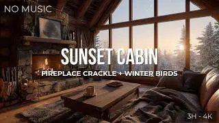 Winter Sunset Cabin Ambience | Cozy Forest View & Gentle Fireplace Calm | 3D ASMR (4K)