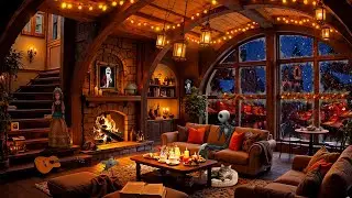 Cozy Winter Night Jazz Coffee Shop Ambience ❄️☕  Crackling Fireplace for Studying, Working