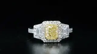 Natural Radiant Cut Fancy Yellow 3 Stone Trapezoids Halo Pave Diamond Engagement Ring - GIA